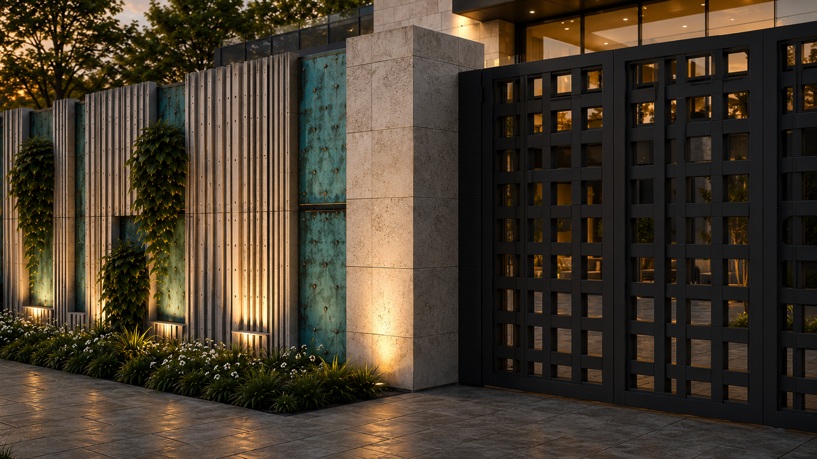 Patina, ribbed concrete and black steel gate connection
