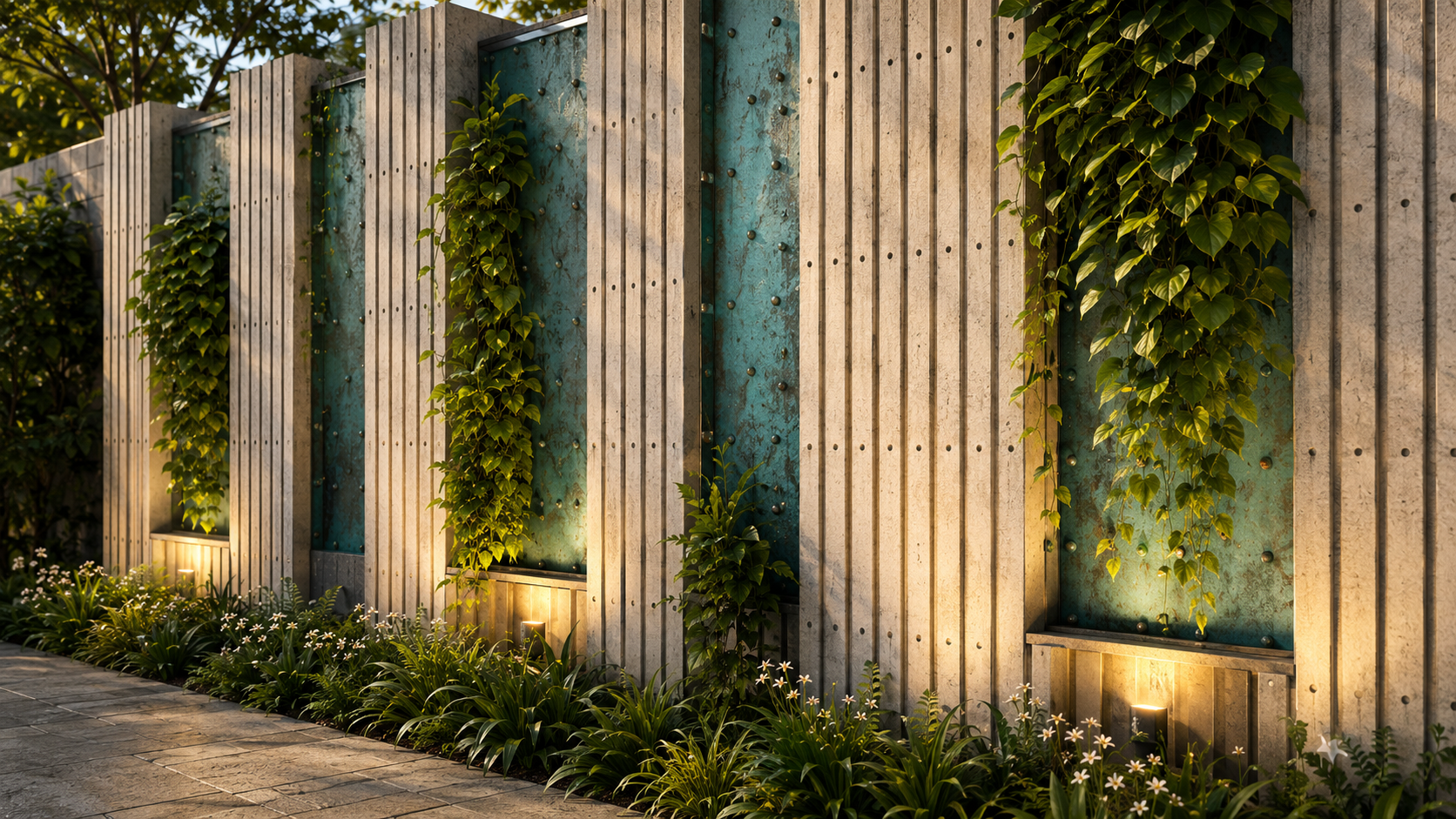 Leaves and warm light integrated with concrete and patina